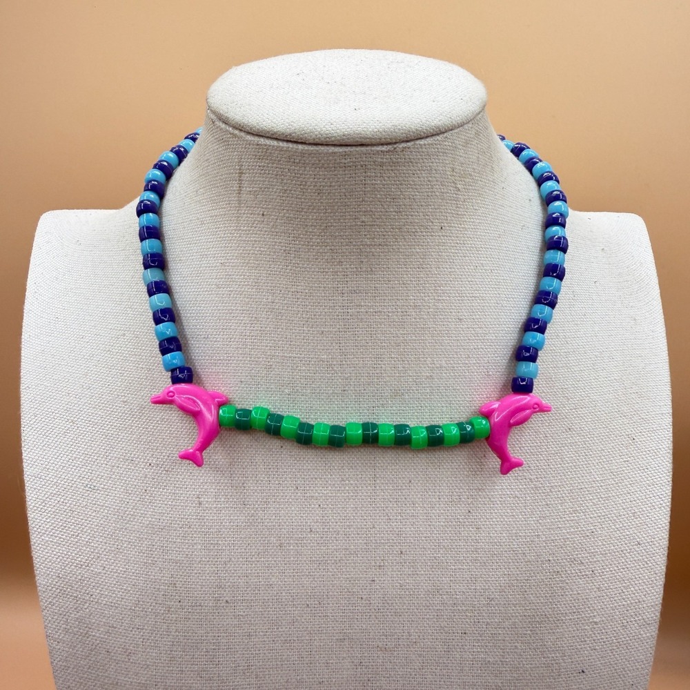 Pink Dolphin Beaded Necklace Blue Green Colorful Y2K Beach Ocean Statement Gift